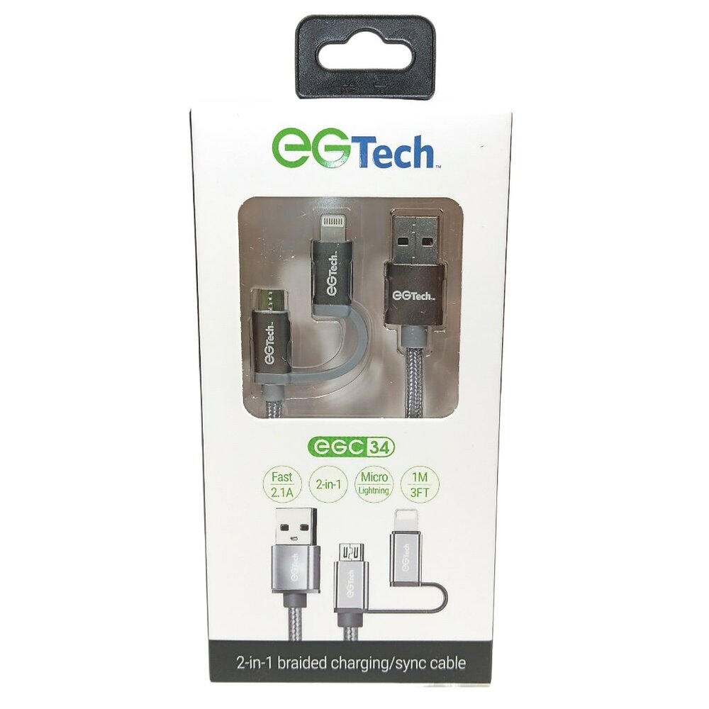 EG Tech 2-in-1 Charging Sync Cable Gray Braided 3 ft 2.1A USB Micro-USB Lighting